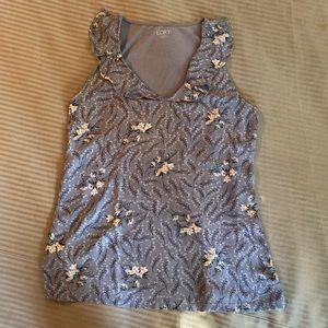 Loft Light Blue Floral Sleeveless Shirt.  Flounce at Neckline.